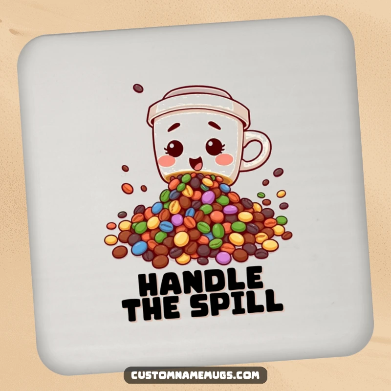 Funny drink coaster with a cute, clumsy coffee cup character spilling colorful beans, protecting surfaces with a humorous design.