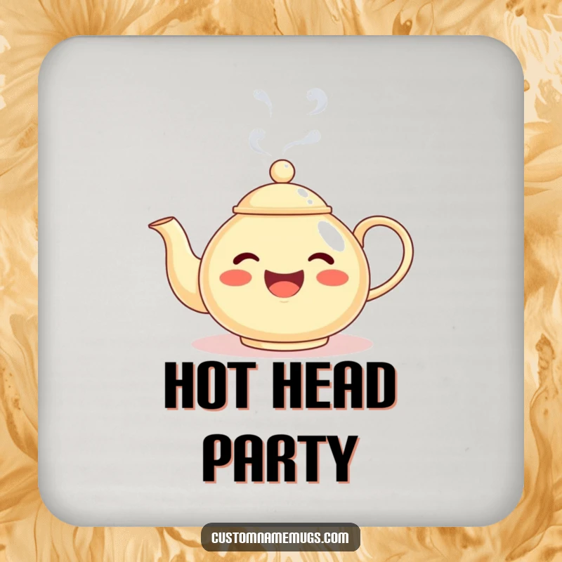 Funny drink coaster featuring a delighted teapot character whose steam forms a silly face, adding humorous protection to surfaces.