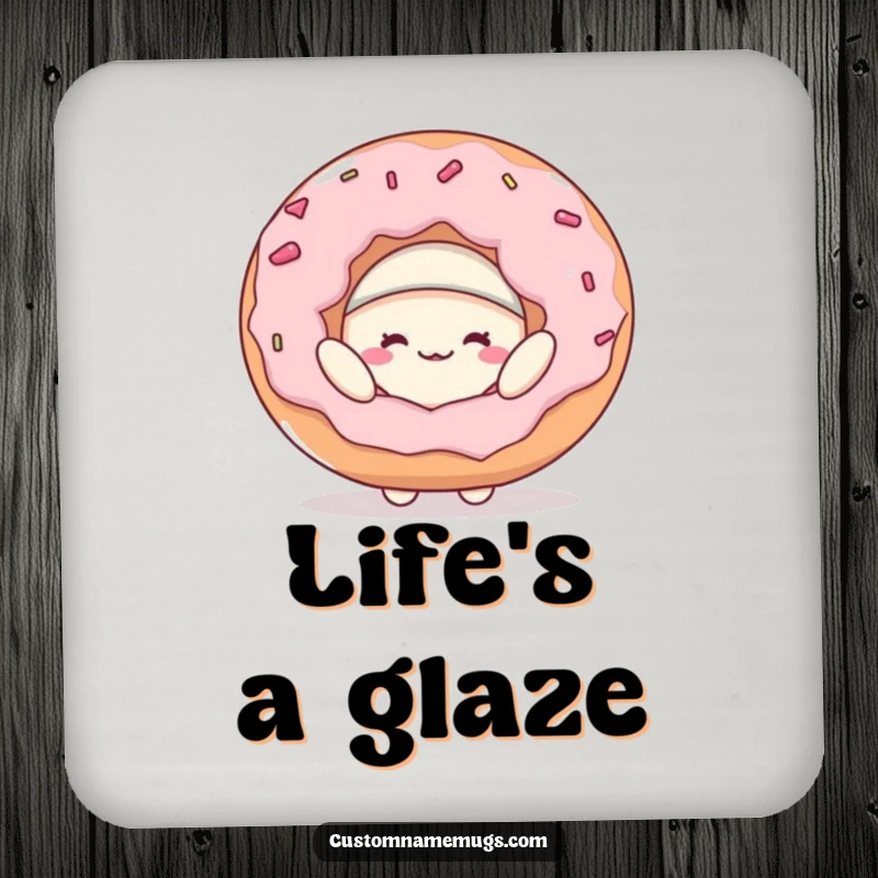 Funny drink coaster featuring a happy blob character comically trying to wear a giant donut as a hat, perfect for protecting surfaces.