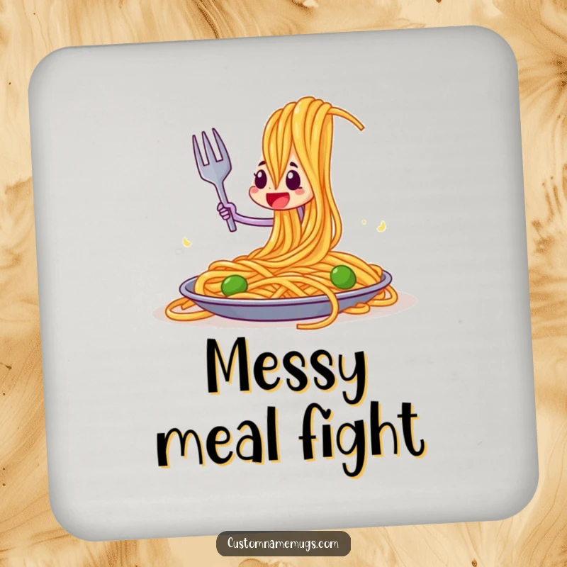 Funny drink coasters showing a brave fork character fighting a giant spaghetti strand, protecting surfaces with humor.