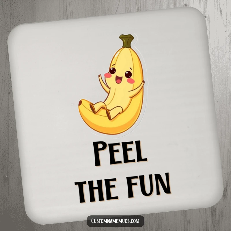 Funny Kawaii banana character in an ecstatic slide down a peel, featured on a round drink coaster.