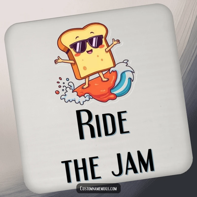 Funny drink coasters showcasing a toast character in sunglasses surfing a giant jam wave, providing humorous protection for surfaces.