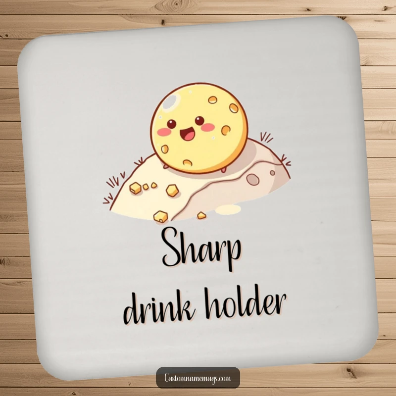 Funny drink coaster depicting a happy, round cheese character rolling downhill and losing pieces. Humorous surface protection.