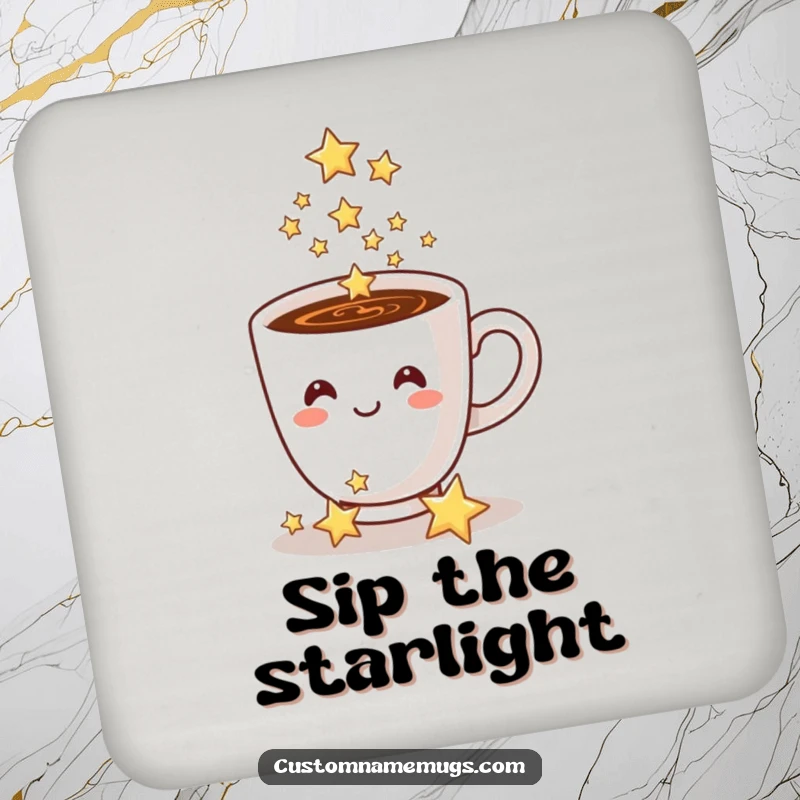 Funny coffee cup coaster, a smiling cup pours sparkling stars, a magical and humorous surface protector.