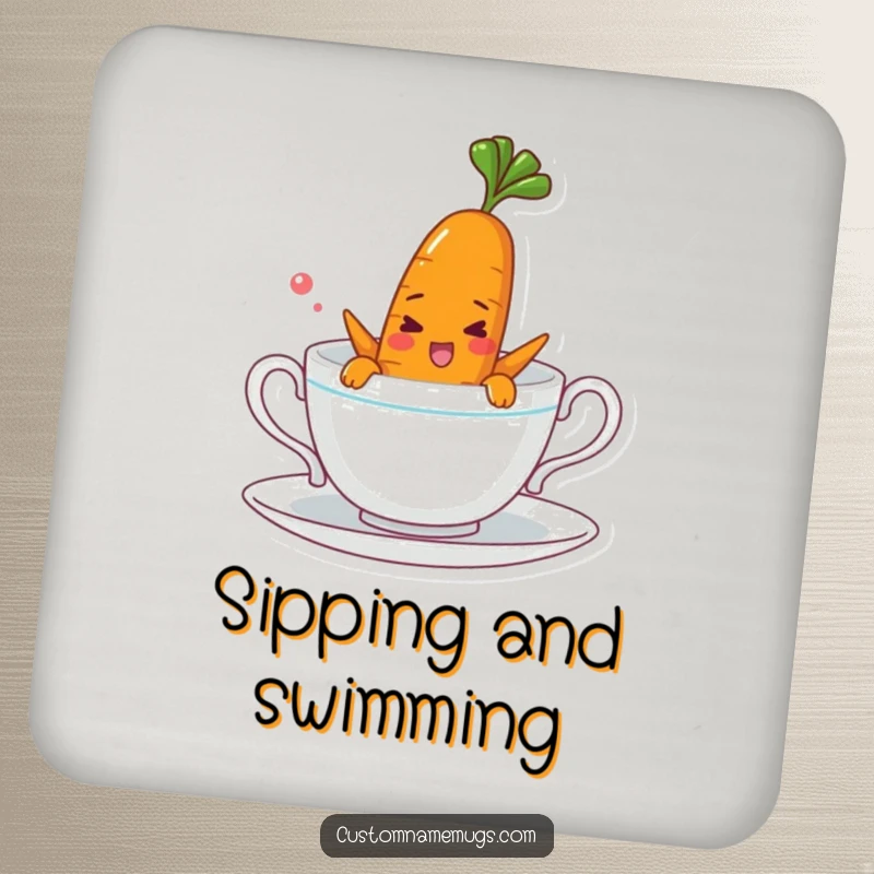 Funny drink coaster showing a cheerful carrot character comically swimming in a teacup, protecting surfaces with whimsical humor.