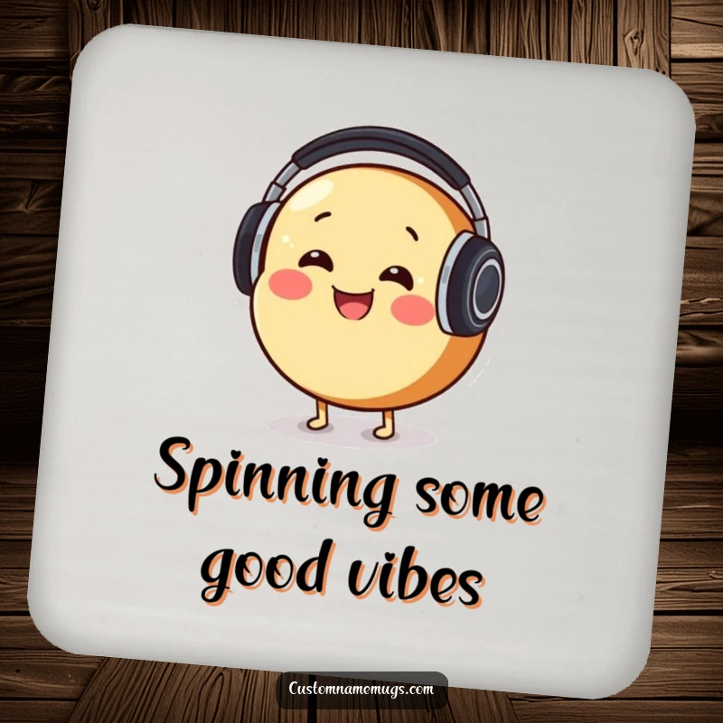 Funny Coaster: Smiling round bread character comically wearing oversized headphones, bobbing its head while protecting surfaces.