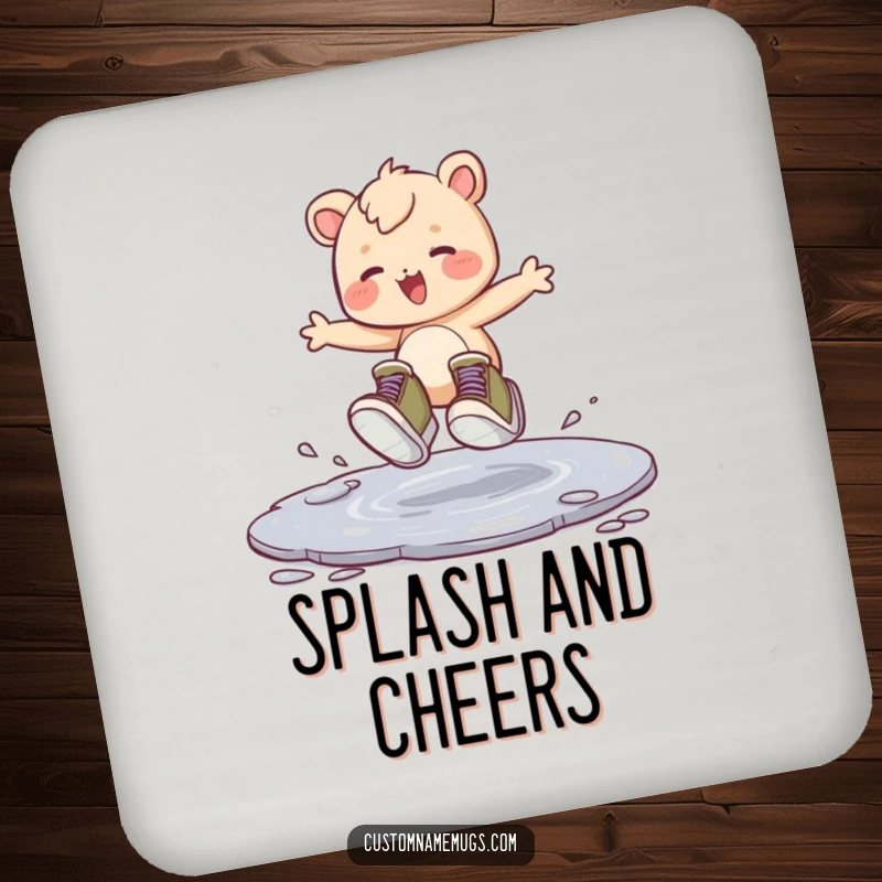 Funny drink coaster featuring a creature with oversized shoes joyfully hopping in a puddle, ideal for surface protection.