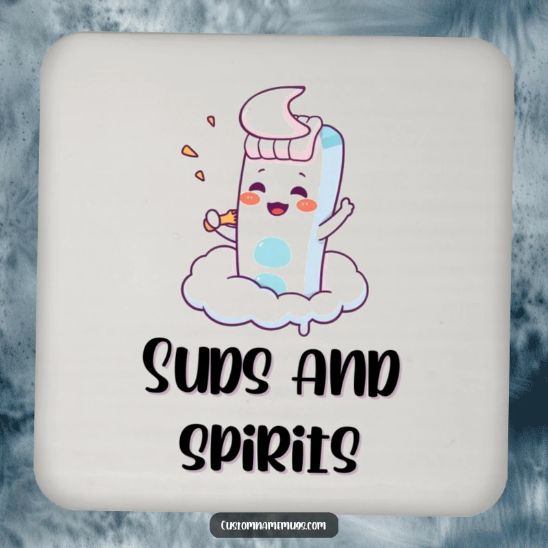 Funny Kawaii toothbrush character trying to brush a cloud, a humorous and protective drink coaster.