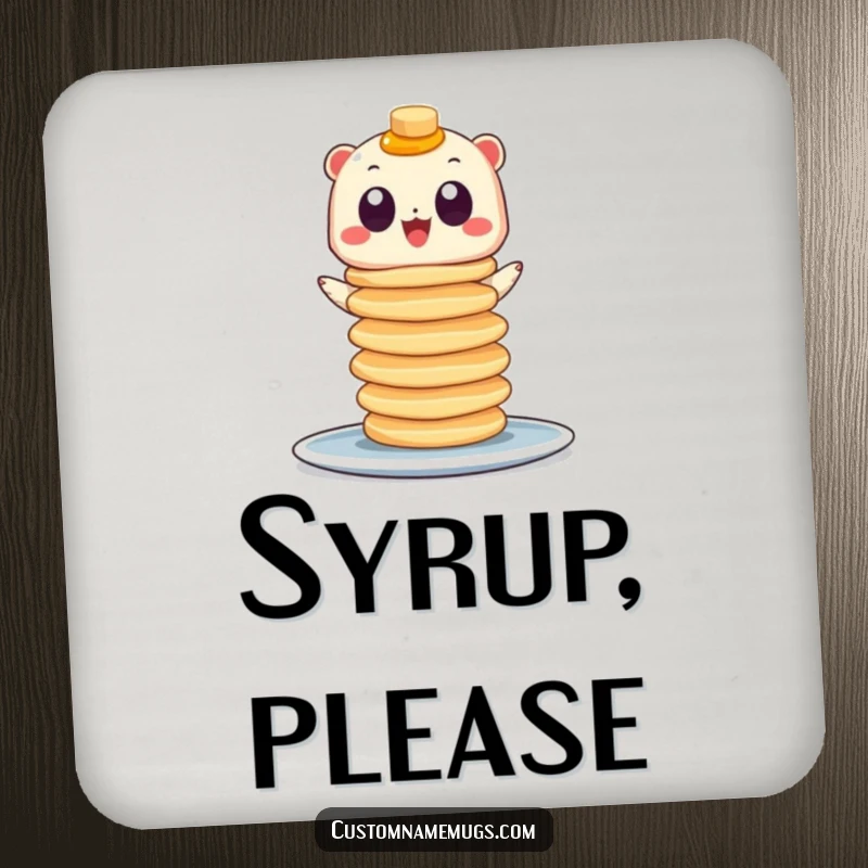 Funny drink coaster featuring a googly-eyed creature balancing a huge stack of pancakes, perfect for protecting surfaces with humor.