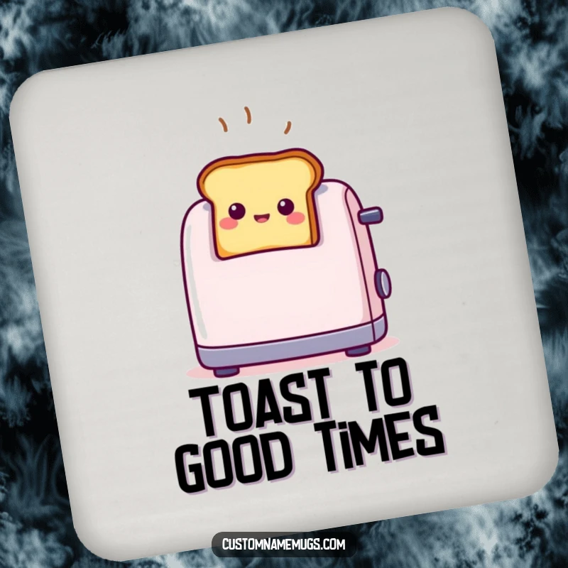 Set of funny toast coasters featuring tiny smiling toast popping out of a toaster with surprise, perfect for humorous protection.