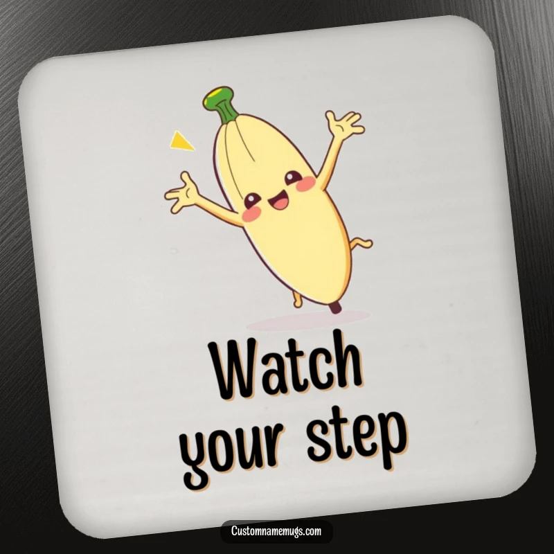 Funny Clumsy Banana Peel Coasters: A banana peel slips comically, protecting surfaces with humor.