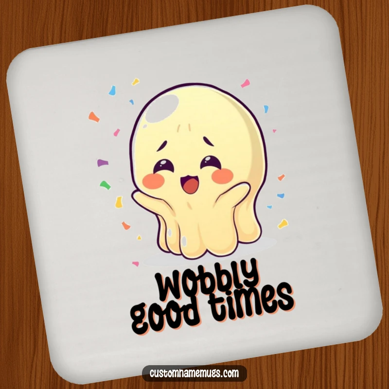 Funny Wobbly Jelly Drink Coaster: A jelly character with bewildered joy catching confetti, bringing festive humor and a great funny gift.