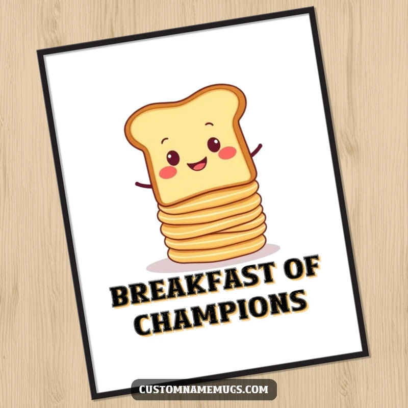 Funny poster art of a smug slice of toast balancing a wobbly stack of pancakes that are on the verge of falling. Humorous food art.