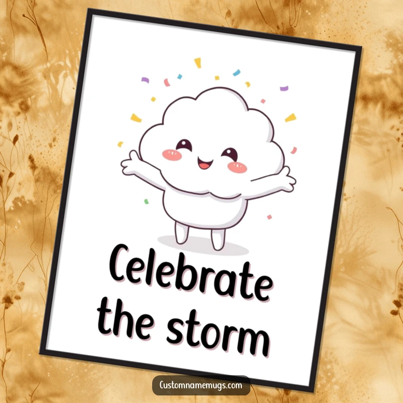 Funny poster print of a smiling cloud character joyfully receiving a shower of colorful confetti, radiating happiness and festive vibes.