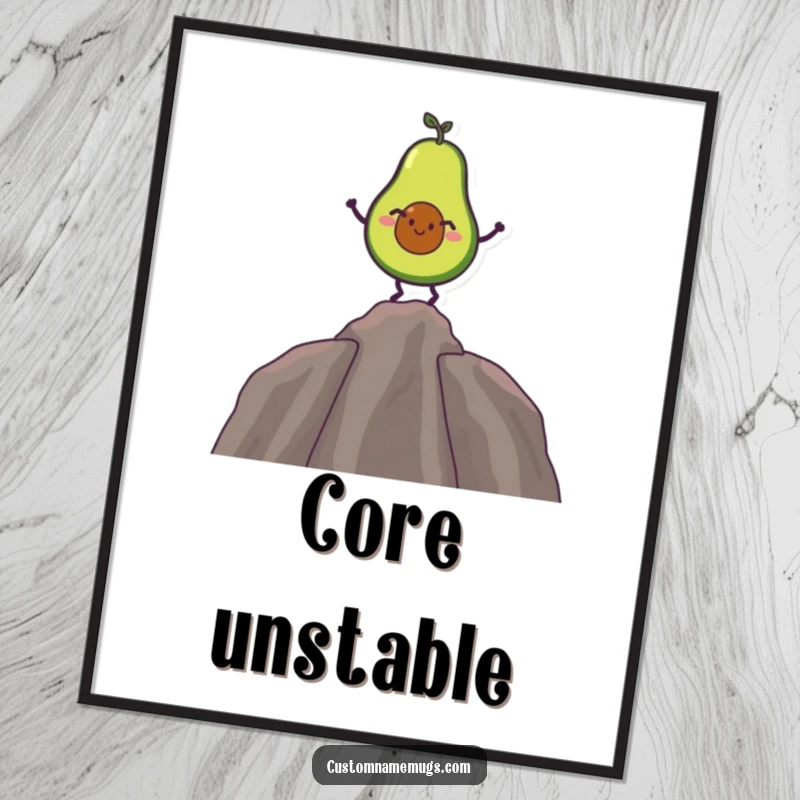 Funny poster illustrating a giggling avocado balancing on its wobbly pit, a humorous piece of food art.