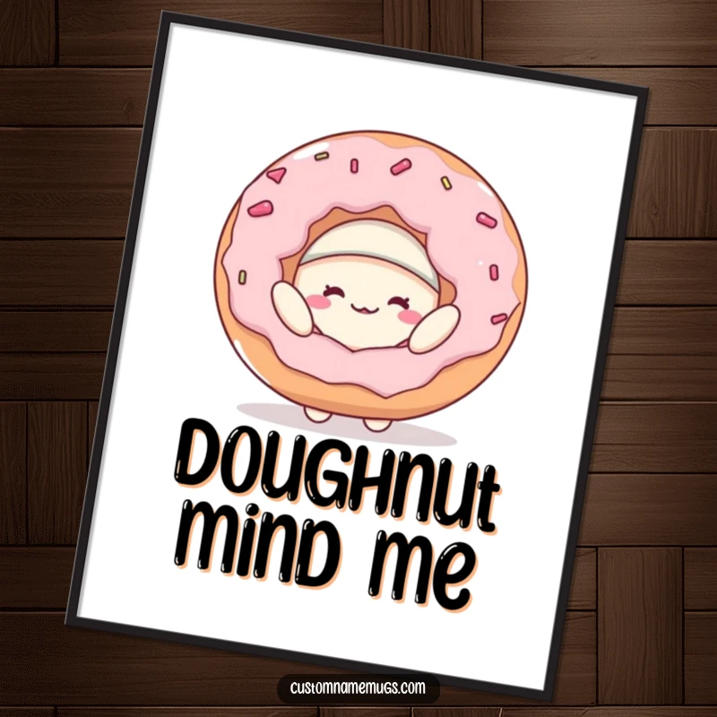 Funny poster print of a cheerful blob character trying to balance a huge donut on its head like a hat, bringing sweet joy to any wall.