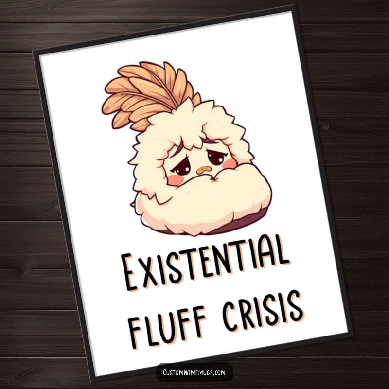 Funny Slipper Poster: A confused, fluffy slipper with a large feather, bringing humorous wall art and a delightful funny gift.