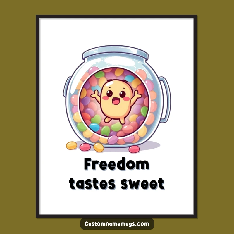 Funny Jellybean Poster Art - Surprised Character's Candy Jar Bounce, Humorous Decor Gift!