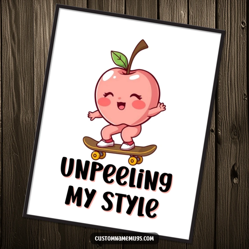 Funny poster art of a blushing, rosy apple character riding a skateboard, ideal for humorous wall decor.