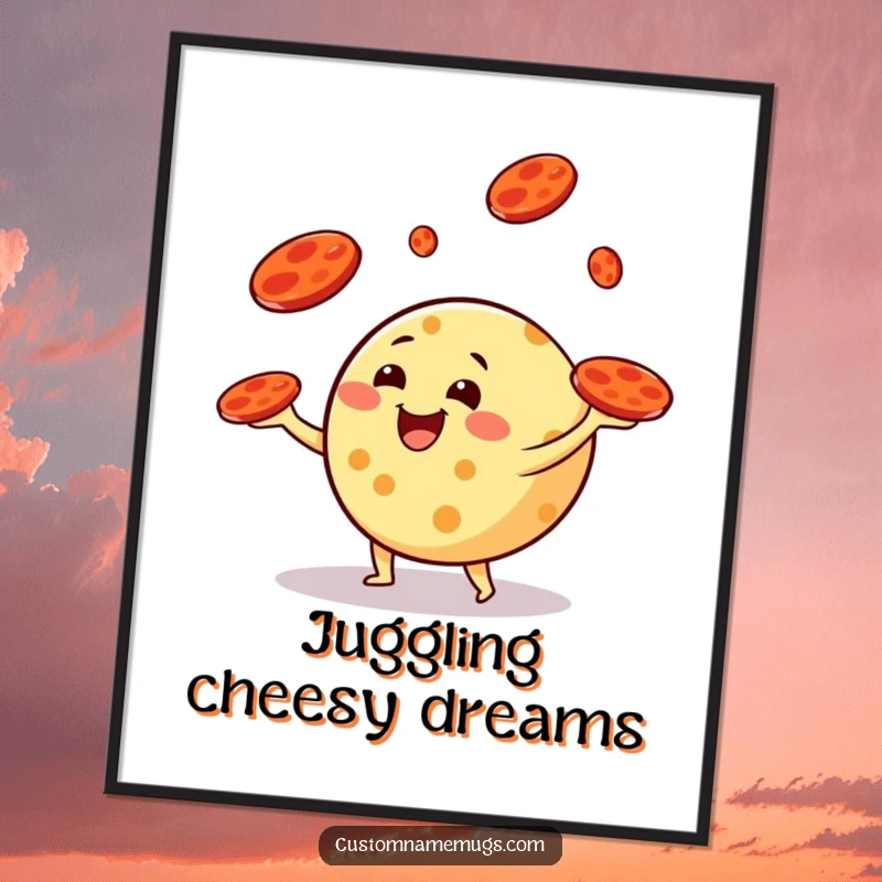 Funny poster of a round cheese character happily juggling slices of pepperoni like tiny frisbees, creating a humorous and appetizing art piece.