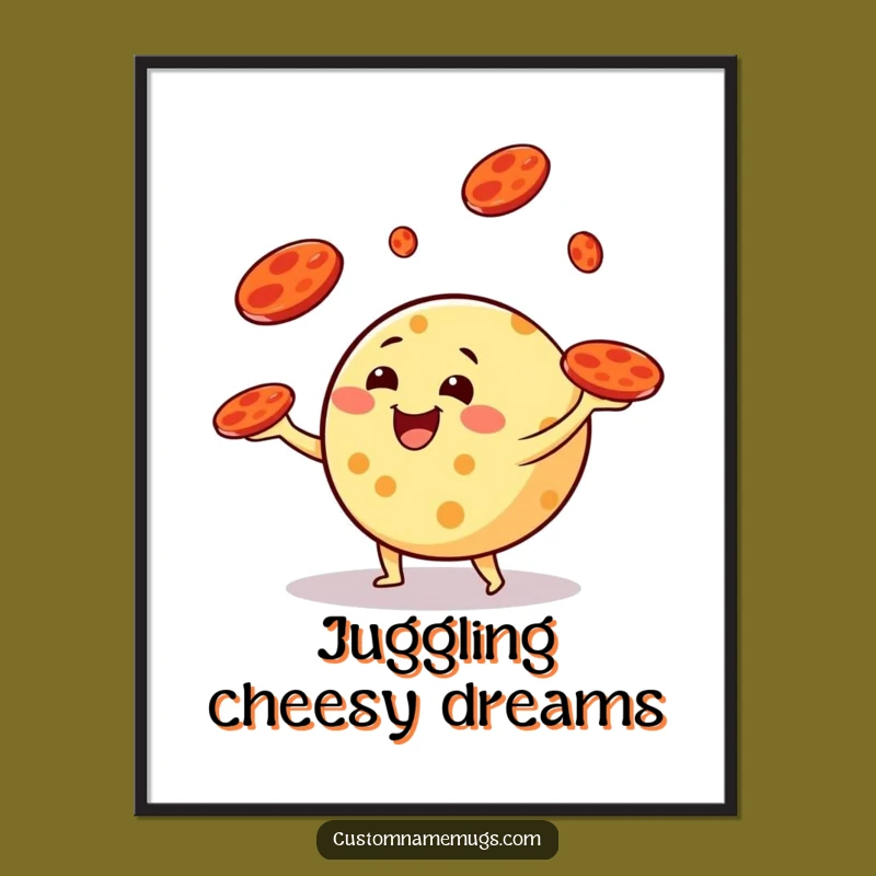 Funny Cheese Juggling Poster: Whimsical Pepperoni Art for Humorous Decor