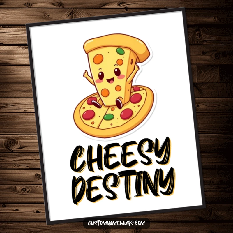 Funny cheese pizza poster capturing a proud cheese slice character joyfully falling into a massive, delectable pizza slice, a true food fantasy.
