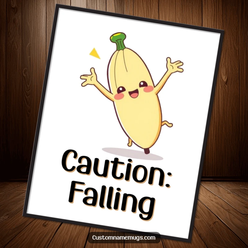 Funny Clumsy Banana Peel Poster: A banana peel slips comically, arms flailing, creating a funny art piece.