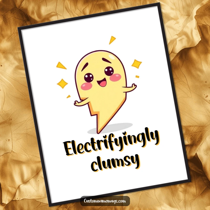 Funny poster art of a smiling, clumsy lightning bolt character comically zapping himself, perfect for humorous wall decor and gifts.