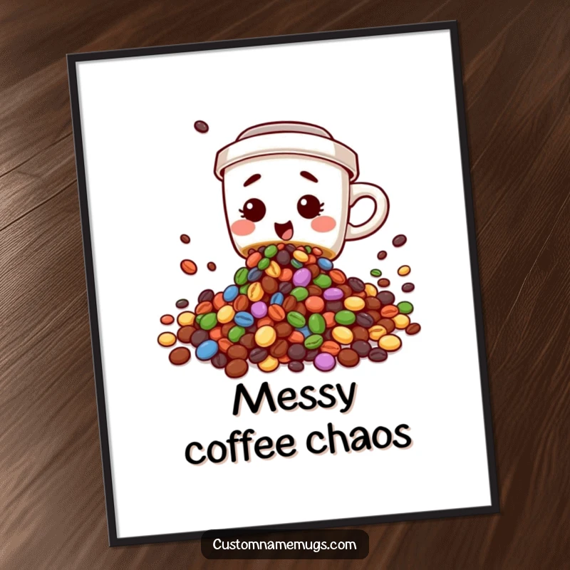Funny poster depicting a cute, clumsy coffee cup character spilling a cascade of colorful beans, a whimsical piece of coffee-themed art.