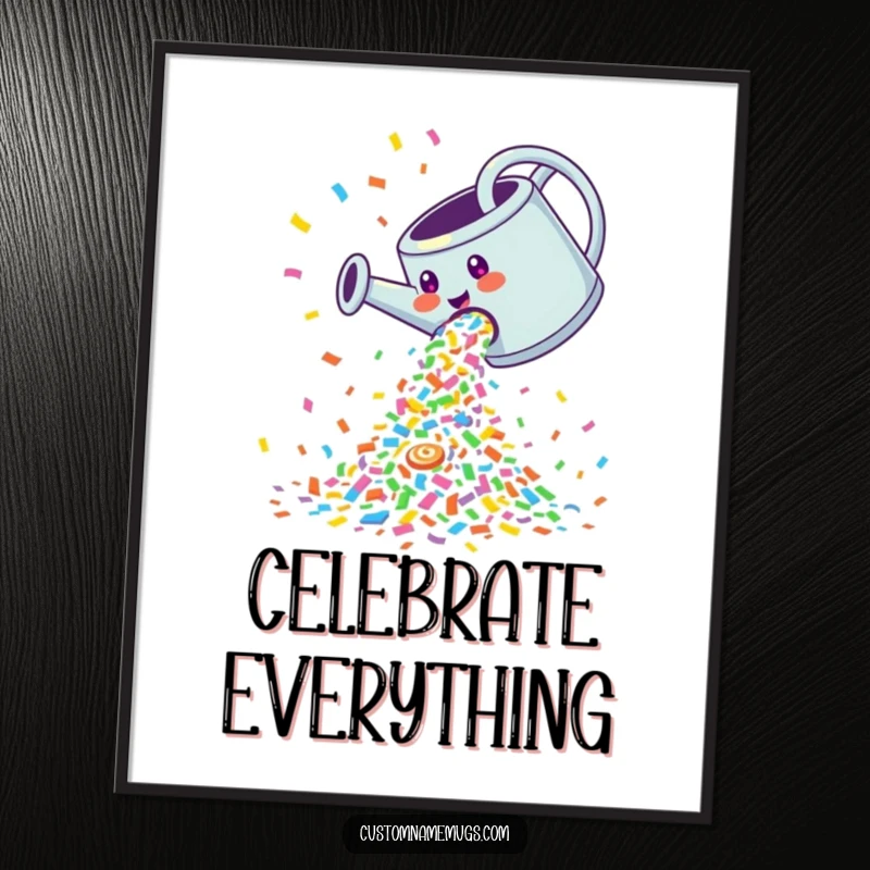 Funny Poster: Giggling watering can pouring a cascade of colorful confetti, perfect for festive wall decor.