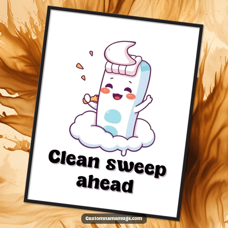 Funny Kawaii toothbrush character frantically trying to brush a fluffy cloud, humorous wall art for posters.