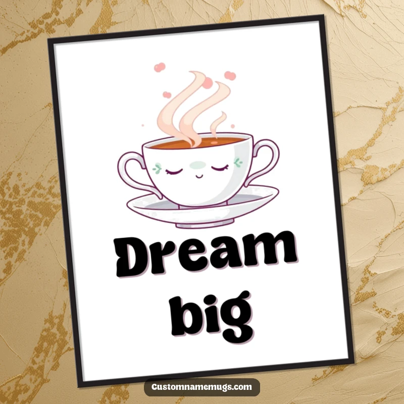 Funny Napping Teacup Poster: Wall art print of a cute teacup peacefully napping amidst a swirling cloud of steam, adding a funny, calming vibe.