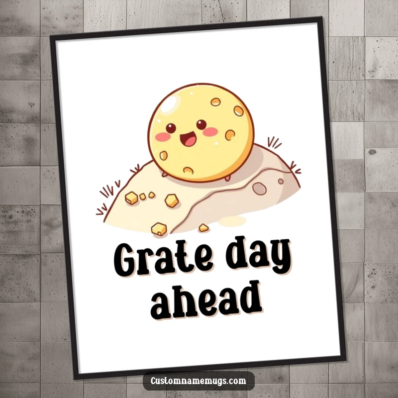 Funny poster showcasing a happy, round cheese character rolling down a hill comically losing pieces. Deliciously humorous wall art.