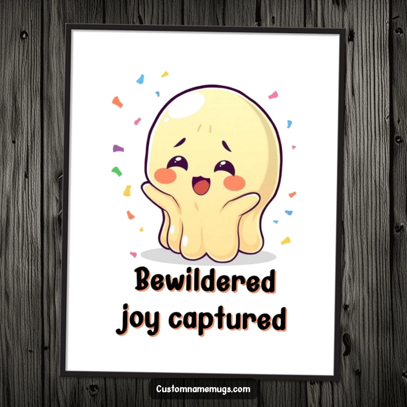 Funny Wobbly Jelly Poster: A jelly character in bewildered joy catching falling confetti, bringing festive humor and a great funny gift.