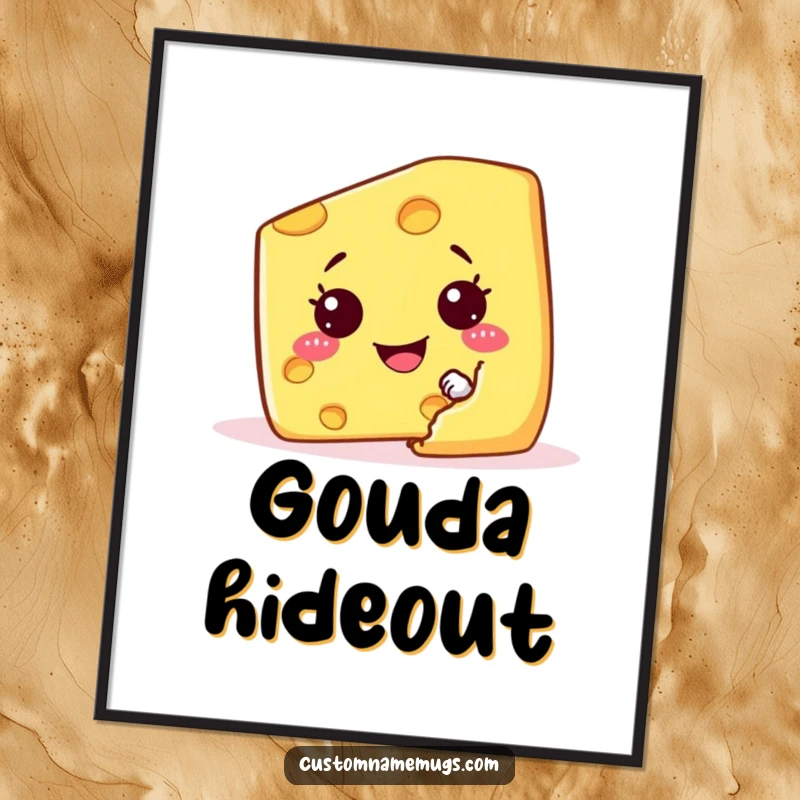 Funny poster of a mischievous cheese wedge character hiding behind a giant cracker, grinning playfully.