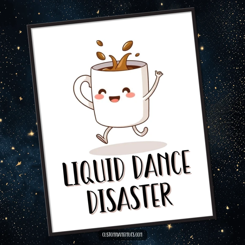Funny poster of a coffee mug with legs spilling its contents while attempting a dance move, a humorous kitchen illustration.