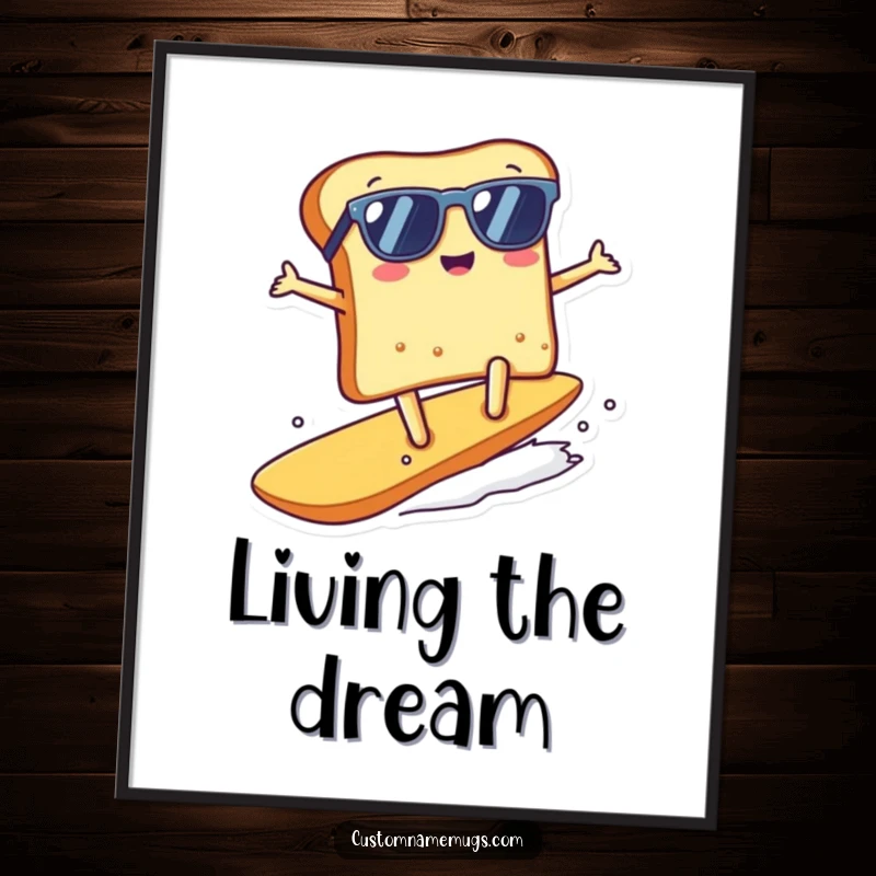 Funny kawaii toast character wearing sunglasses, surfing a giant crumb, displayed as a vibrant poster, a great funny gift.