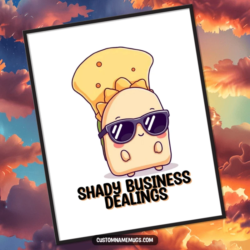 Funny poster showing a shy taco with sunglasses peeking from behind a large chip, offering cool and humorous wall decor.