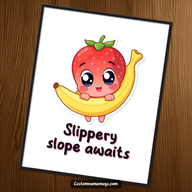 Funny poster art of a cute strawberry character with wide, surprised eyes comically slipping on a banana peel, creating a humorous and eye-catching scene.