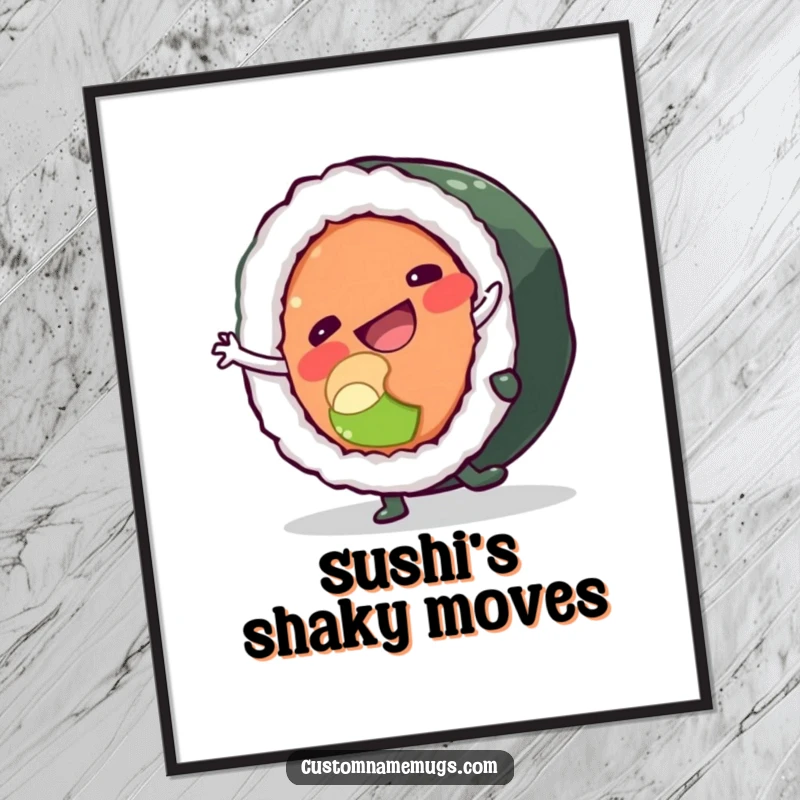 Funny poster of a happy sushi roll character doing a cartwheel and nearly falling apart, a comical piece of Japanese food art.
