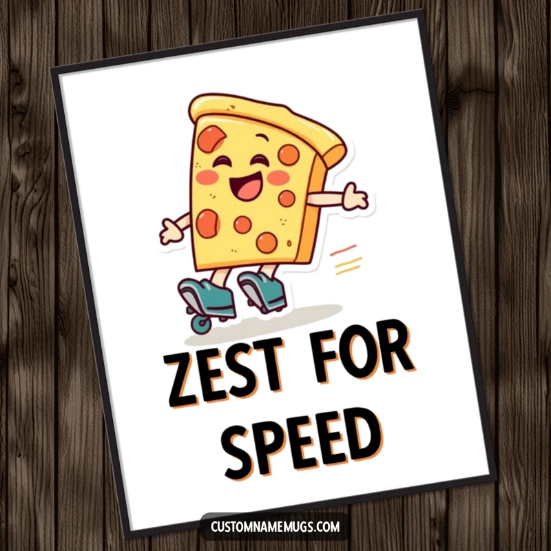Funny pizza roller skater poster, a laughing pizza slice wearing roller skates zooms around, dynamic and fun art.