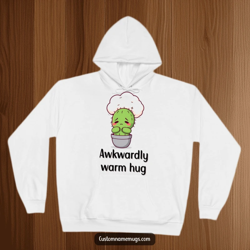 Funny Kawaii cactus character looking uncomfortable hugging a fluffy cloud, a cozy and humorous hoodie for introverts.