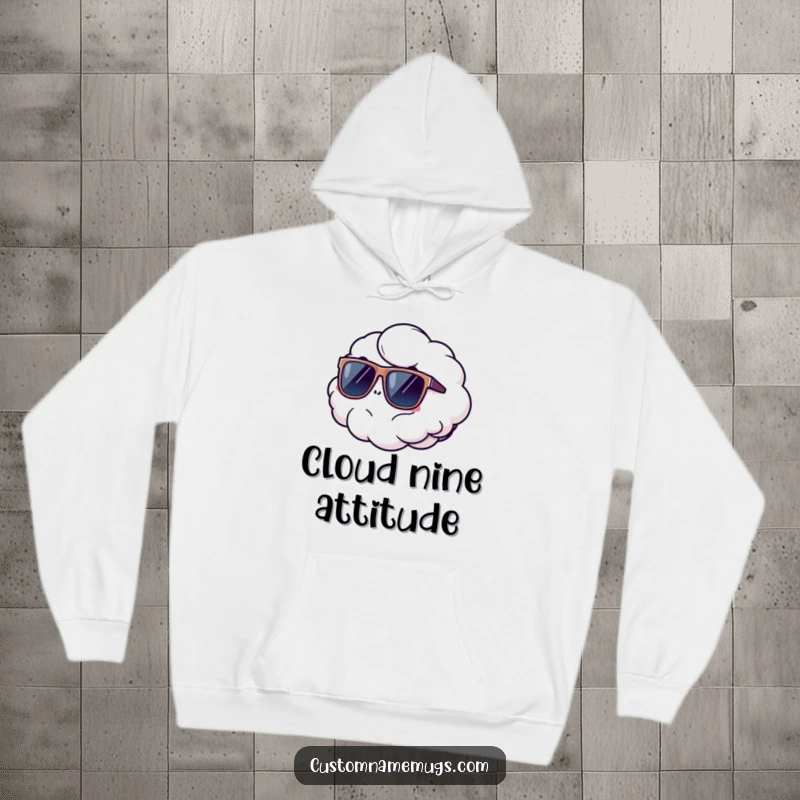 Funny hoodie with a fluffy cloud floating away wearing oversized sunglasses, offering comfort and a humorous, laid-back vibe.