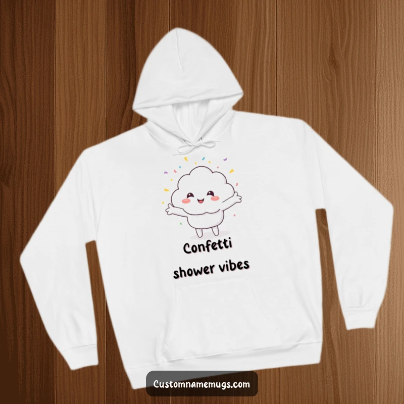 Funny hoodie featuring a cheerful smiling cloud character embracing a delightful downpour of colorful confetti, perfect for cozy celebrations.