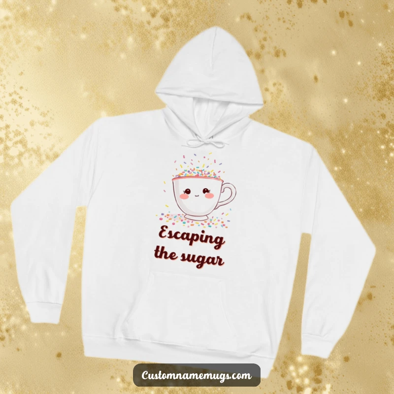 Funny hoodie featuring a shy teacup character with rosy cheeks, desperately trying to escape a flood of tiny, colorful sprinkles.