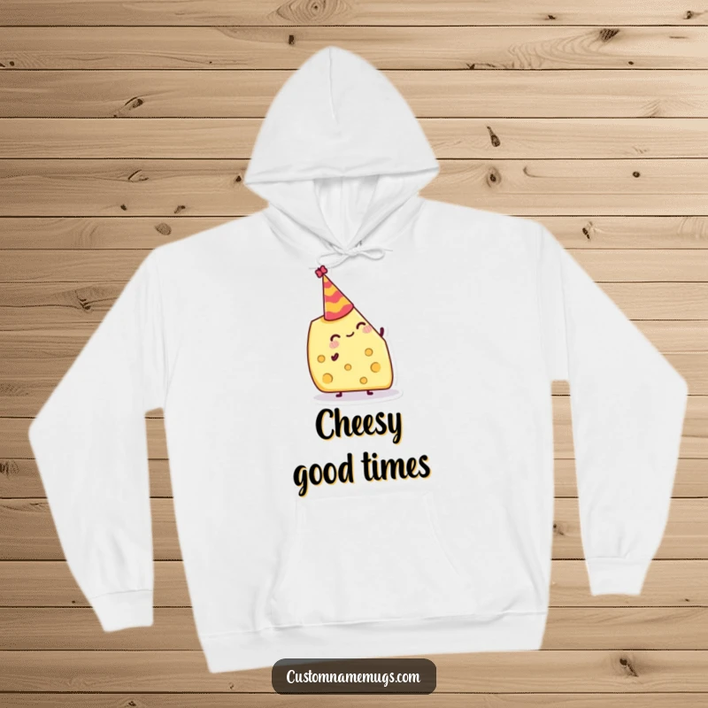 Funny Hoodie: Jolly cheese wedge attempting to balance a tiny party hat, cozy and festive apparel.