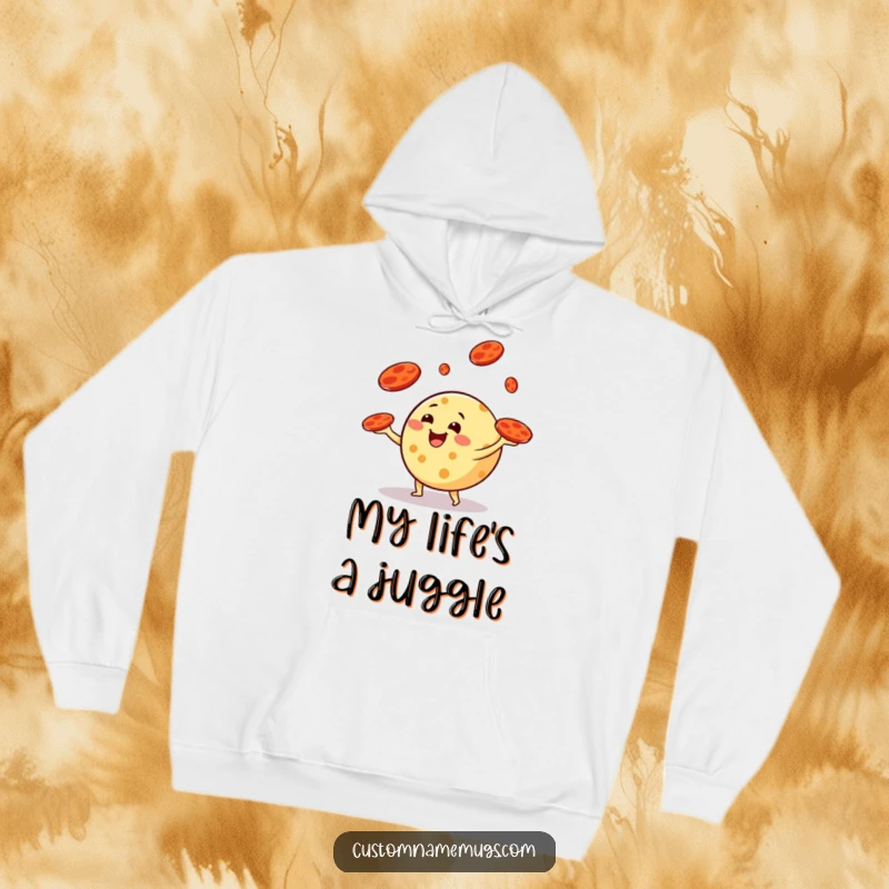 Funny hoodie depicting a round cheese character happily juggling pepperoni slices like frisbees, offering warmth and humorous foodie vibes.