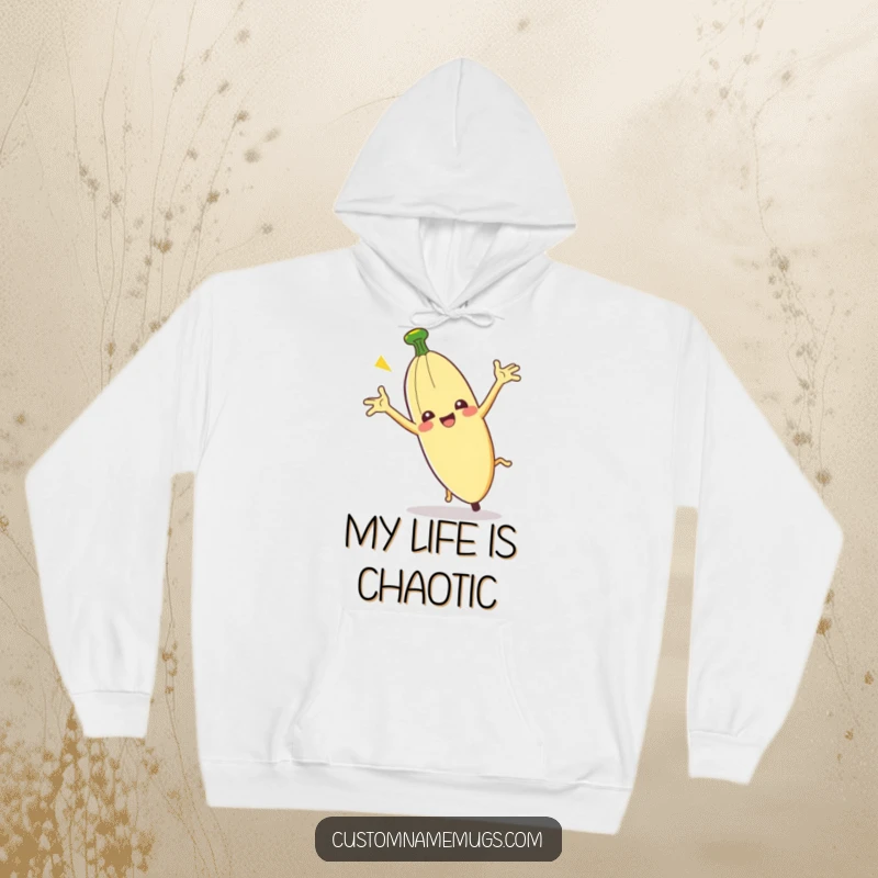 Funny Clumsy Banana Peel Hoodie: A banana peel comically slips, depicted on this cozy, humorous apparel.