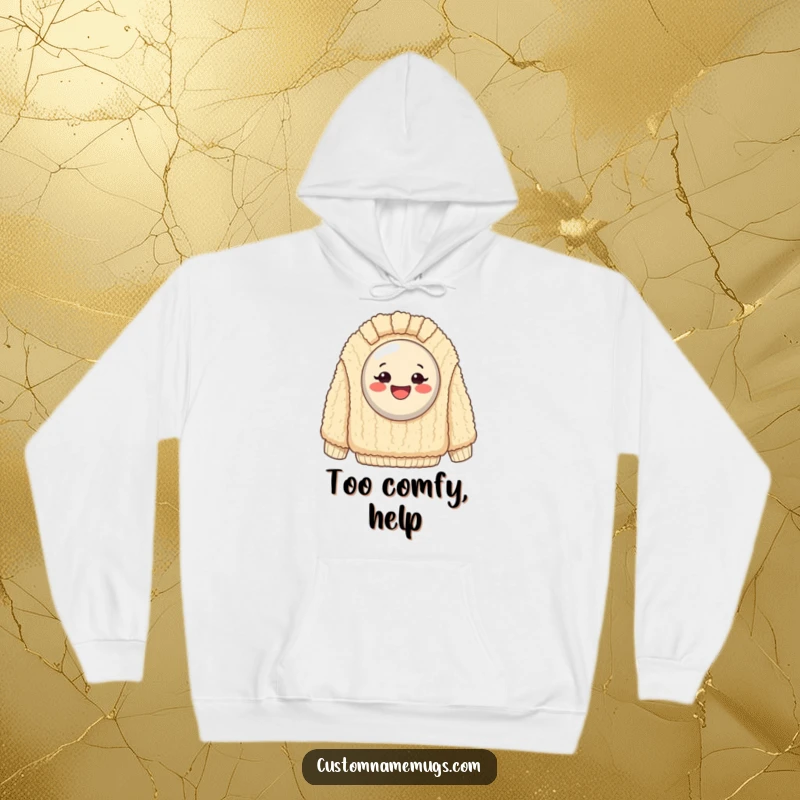 Funny Hoodie: Exaggeratedly happy button stuck on a giant, fuzzy sweater, offering maximum comfort and humor.