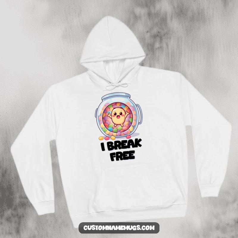 Funny hoodie depicting a surprised jellybean character comically bouncing out of a giant candy jar, offering warmth and a touch of sweet mischief.